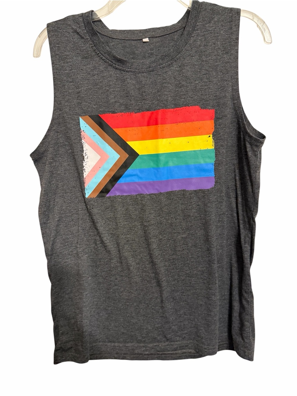 Women's Charcoal Pride Muscle Tank with Progress Flag Graphic